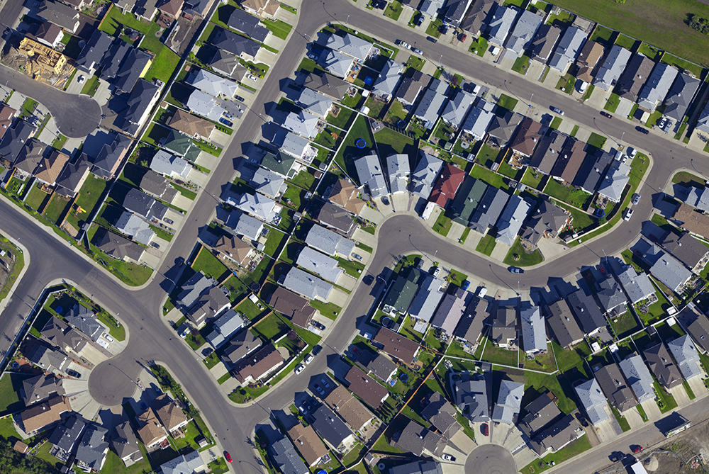 An overhead view of a suburban city
